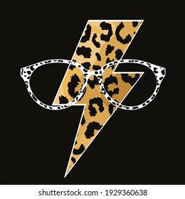 Vector illustration of lightning bolt symbol and sunglasses with animal print texture isolated on black. 