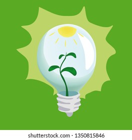 Vector illustration of lightning bulb with ecology theme plant and sun inside isolated on green background