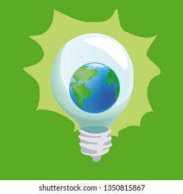 Vector illustration of lightning bulb with ecology theme planet earth inside isolated on green background