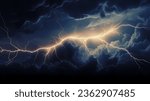 Vector illustration of lightning in nightsky, clouds. Concept on topic weather, cataclysms (hurricane, typhoon, tornado, storm)