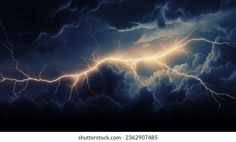 Vector illustration of lightning in nightsky, clouds. Concept on topic weather, cataclysms (hurricane, typhoon, tornado, storm)