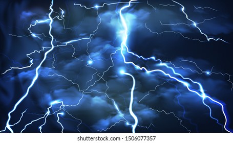 Vector illustration of lightning on a blue background with flashes.