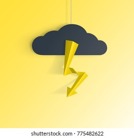 Vector illustration of a lightning stroke. A paper cloud hangs on a string and supposedly from it beats lightning.