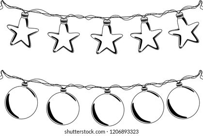 Vector illustration of  lights, black and white garland of  stars and balls