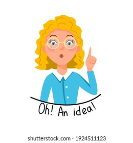 Vector illustration of a light-skinned girl with blonde hair and glasses, who raised her finger up. Oh. The idea. Emotion sticker in cartoon style.