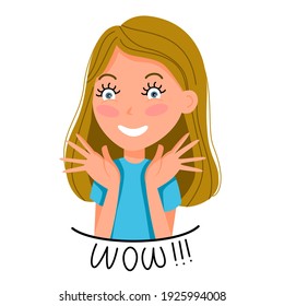 Vector illustration of a light-skinned girl with blonde hair who is enjoying something with her hands. Emotion sticker in cartoon style.