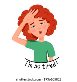 Vector illustration of a light-skinned girl with curly red hair who is tired.