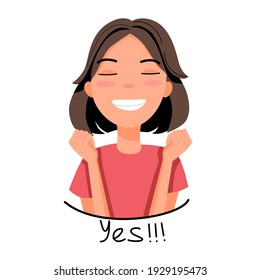 Vector illustration of a light-skinned girl with dark hair who is very happy with a smile on her face and holds her fists. Emotion sticker in cartoon style.