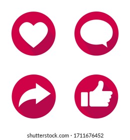 Vector illustration of like, comment and share icons. Social nets and applications signs. White icons on a red background