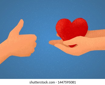Vector illustration of likes exchange: hand showing thumbs up and arms giving red heart symbol