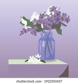 Vector illustration of a lilac branch in a glass jar on a table on a lilac background.