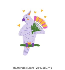 Vector illustration of lilac cute cockatoo parrot with flowers and hearts. Exotic character in flat cartoon style on isolated white background. Bright children's design.