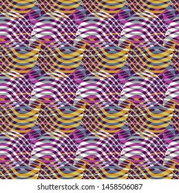 Vector illustration of lilac, olive, grey and white warped semi circles and stripes in geometric layout. Seamless repeat pattern for gift wrap, textile, fabric, scrapbooking and fashion.