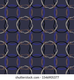 Vector illustration of lilac, purple, tan and black warped circles in geometric layout on navy background. Seamless repeat pattern for gift wrap, textile, fabric, scrapbooking and fashion.