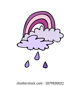 Ilustración vectorial con arcoiris lila, nubes violetas y lluvia. Icono dibujado a mano y símbolo para imprimir, afiche, pegatina, diseño de tarjeta. Elementos de diseño Doodle.