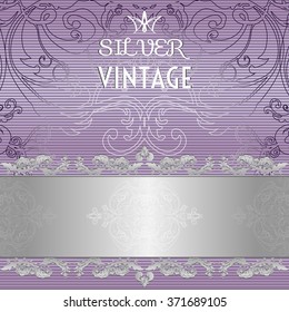 Vector illustration of a lilac - SILVER lace pattern or Baroque, Victorian style. 
Luxury design with space for text. 
For wedding invitations, greeting cards. 