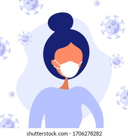 Vector illustration in lilac tones of woman in mask working at home during quarantine. Illustration in flat style with virus background. Covid-19 coronavirus.