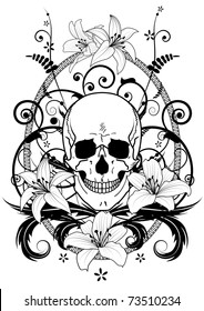 vector illustration of lily and skull in black and white colors