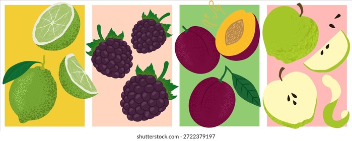 Vector illustration of lime, blackberry, plum, and green apple. Suitable for food packaging, branding, labels, posters, backgrounds, web, and print design. 