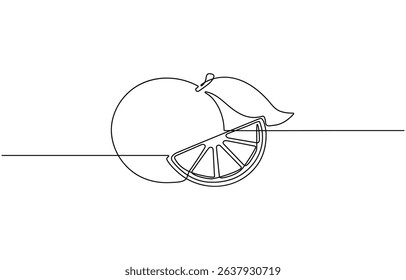 Vector illustration of Lime fruit with slice showing juicy flesh and leaf black and white drawing For children, Black and white picture of orange fruit for children's cartoon coloring.