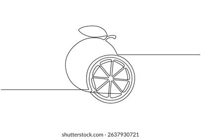 Vector illustration of Lime fruit with slice showing juicy flesh and leaf black and white drawing For children, Black and white picture of orange fruit for children's cartoon coloring.