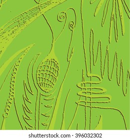 Vector illustration of lime green hand drawn abstract graphic pattern / background. Bomb, lines, distorted, leaf, grunge image. Doodle.