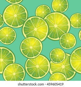 Vector illustration of lime slices on turquoise background in different angles. Pattern.