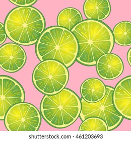 Vector illustration of lime slices on pink background in different angles. Pattern.