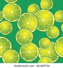 Vector illustration of lime slices on green background in different angles. Pattern.