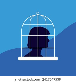 Vector illustration of limited thinking. Violation of women's rights, domestic violence. Need help. Princess in a cage, bullying a person. impasse, hopeless situation. EPS10
