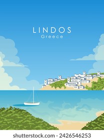 Vector illustration. Lindos, Greece. Poster design, vertical banner, postcard, cover. Modern style.