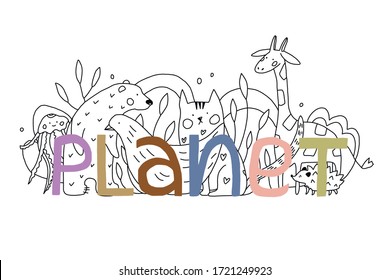 Vector illustration with line animals on background and colorful lettering planet. World animals creative poster or greeting card.