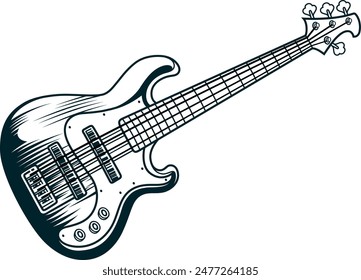 Vector Illustration. Line art of 4 strings electric bass guitar in perpective view