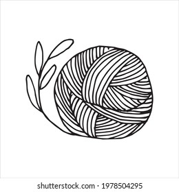 vector illustration line art. a ball of wool for knitting and plant leaves. symbol of sustainable materials, knitting, crocheting, handicrafts, hobbies and needlework. minimalistic eco logo
