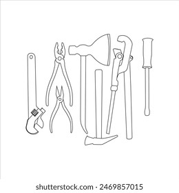 Vector illustration line art black and white toolkit set. Handyman simple tool for home repair. Construction themed vector illustration for icon, logo, sticker, patch, label, sign, badge, certificate 