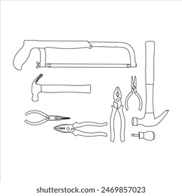 Juego de herramientas en blanco y negro de arte lineal de Ilustración vectorial. Herramienta simple de Handyman para la reparación del hogar. Ilustración vectorial temática de la construcción para el icono, logotipo, pegatina, parche, etiqueta, signo, insignia, certificado 