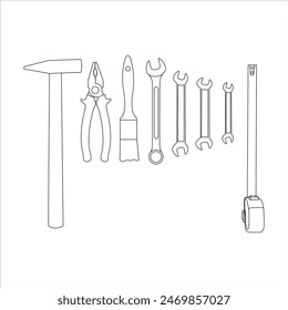 Vector illustration line art black and white toolkit set. Handyman simple tool for home repair. Construction themed vector illustration for icon, logo, sticker, patch, label, sign, badge, certificate 