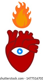 Vector illustration. Line art burning heart icon. Love, sight and flame.