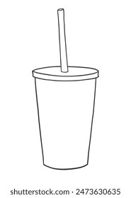 Vector illustration of line art disposable paper coffee cup with straw