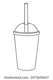 Vector illustration of line art disposable coffee cup with straw