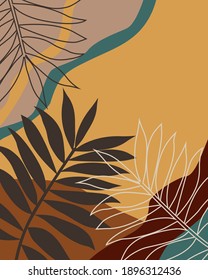 Vector illustration of line art drawing with abstract shape. Smooth lines, tropical flowers and leaves. Style Boho. For poster, postcard, invitation, flyer, cover, banner, etc.