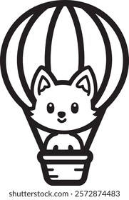 Vector illustration of line art of fox in hot air balloon