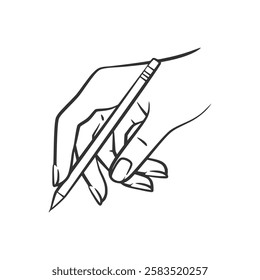 Vector illustration line art of a hand holding a pencil. Perfect for education, creativity, or writing-themed projects. Minimalist and isolated on white background.