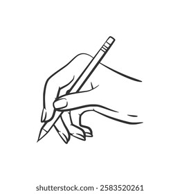 Vector illustration line art of a hand holding a pencil. Perfect for education, creativity, or writing-themed projects. Minimalist and isolated on white background.