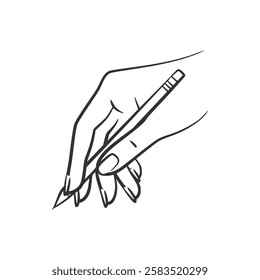 Vector illustration line art of a hand holding a pencil. Perfect for education, creativity, or writing-themed projects. Minimalist and isolated on white background.