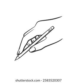 Vector illustration line art of a hand holding a pencil. Perfect for education, creativity, or writing-themed projects. Minimalist and isolated on white background.