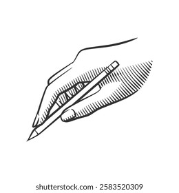 Vector illustration line art of a hand holding a pencil. Perfect for education, creativity, or writing-themed projects. Minimalist and isolated on white background.