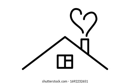 Vector illustration of line art house with heart shape smoke. Quarantine poster, coronavirus awareness. Social distancing, staying home