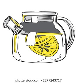 Vector illustration in line art with limited palette. A transparent Teapot with pieces of yellow lemon. Сooking utensil on the white background