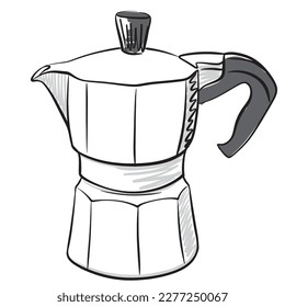 Vector illustration in line art with limited palette. Hand Drawn geyser coffee maker on the white background